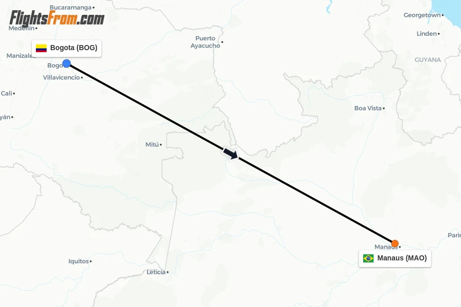 Flights from Bogota to Manaus route map
