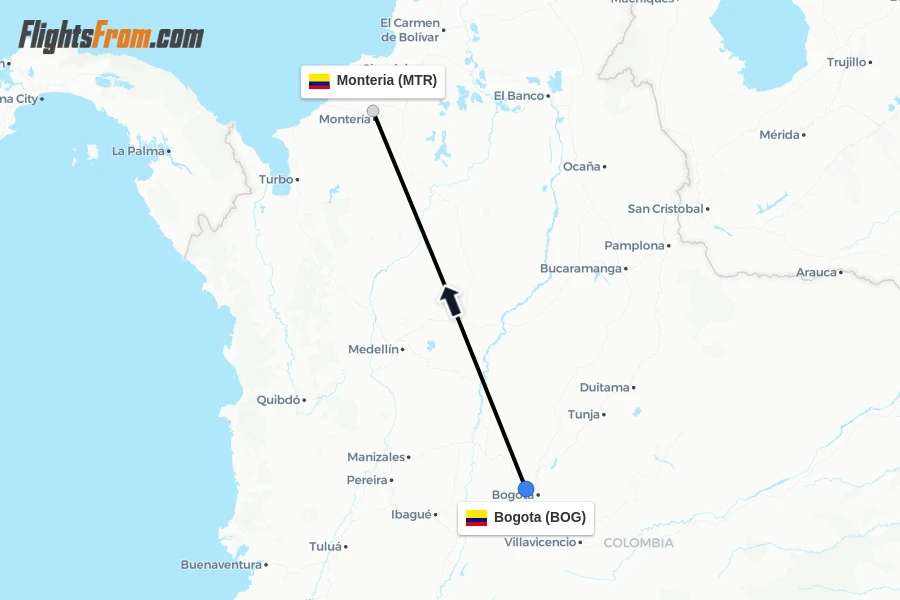 Flights from Bogota to Monteria route map