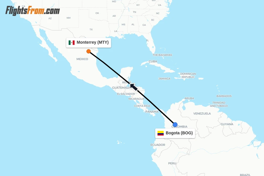 Flights from Bogota to Monterrey route map