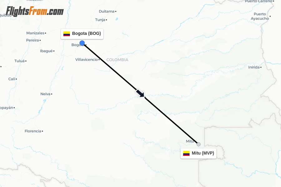 Flights from Bogota to Mitu route map