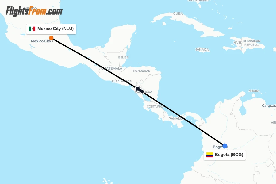 Flights from Bogota to Mexico City route map