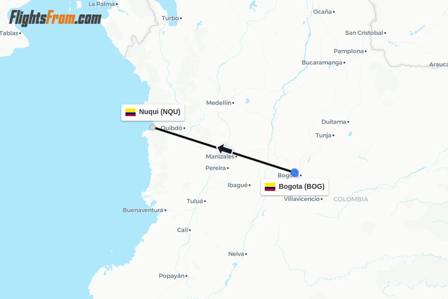 Flights from Bogota to Nuqui route map