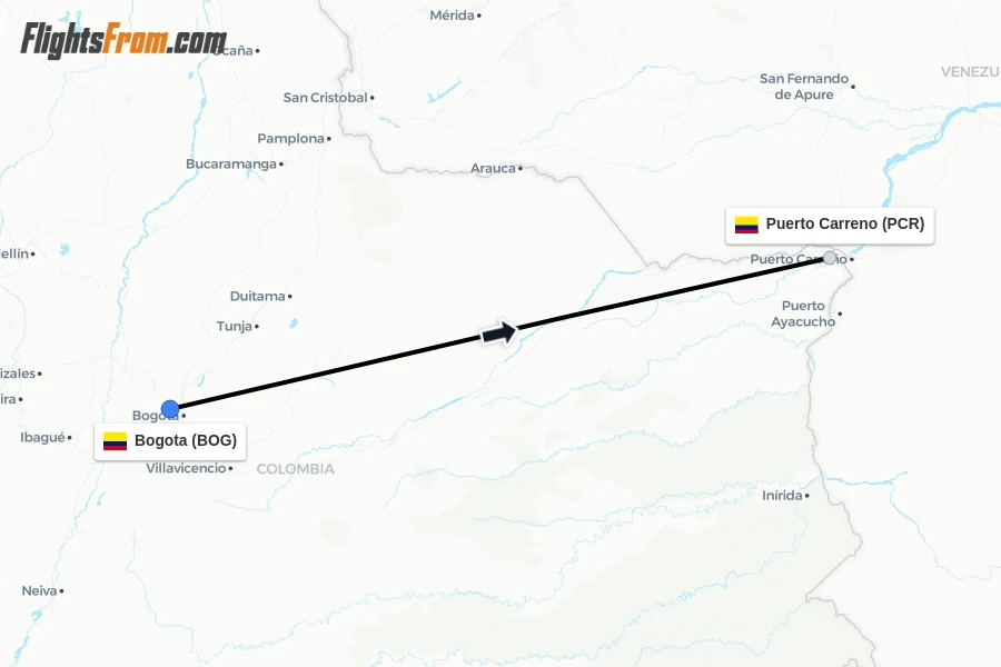 Flights from Bogota to Puerto Carreno route map