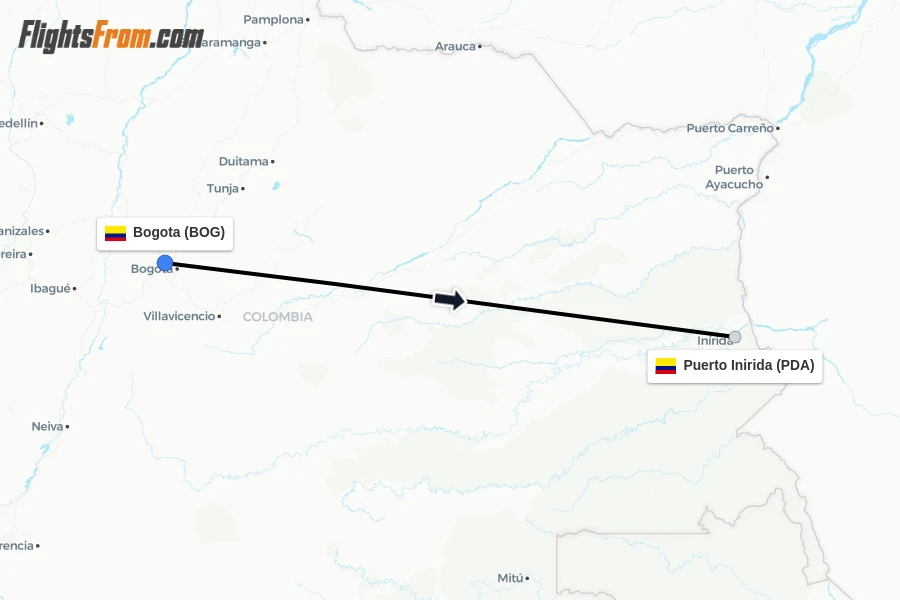 Flights from Bogota to Puerto Inirida route map