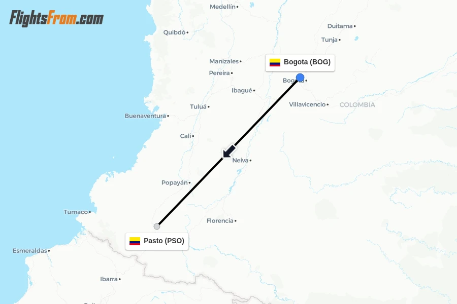 Flights from Bogota to Pasto route map