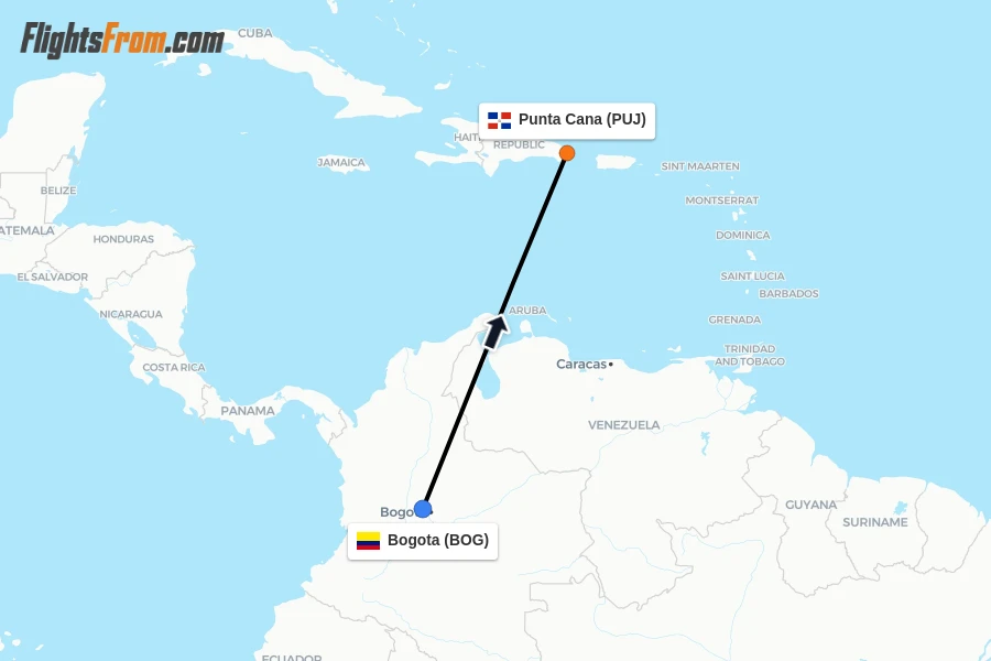 Flights from Bogota to Punta Cana route map