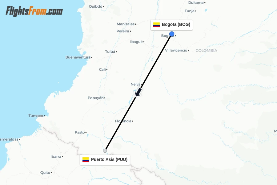 Flights from Bogota to Puerto Asis route map