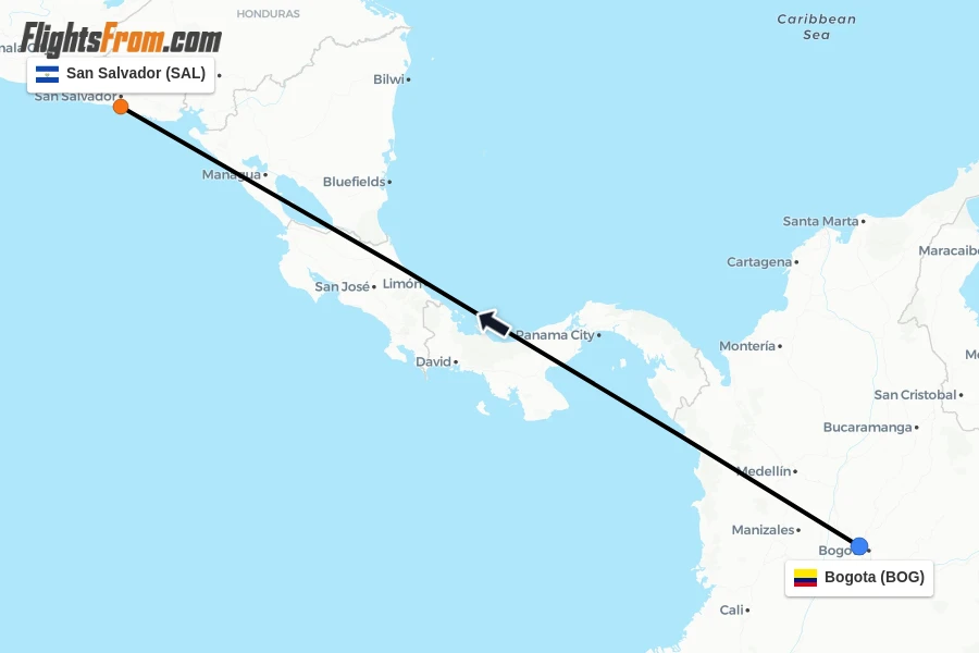 Flights from Bogota to San Salvador route map