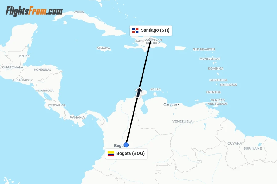 Flights from Bogota to Santiago route map