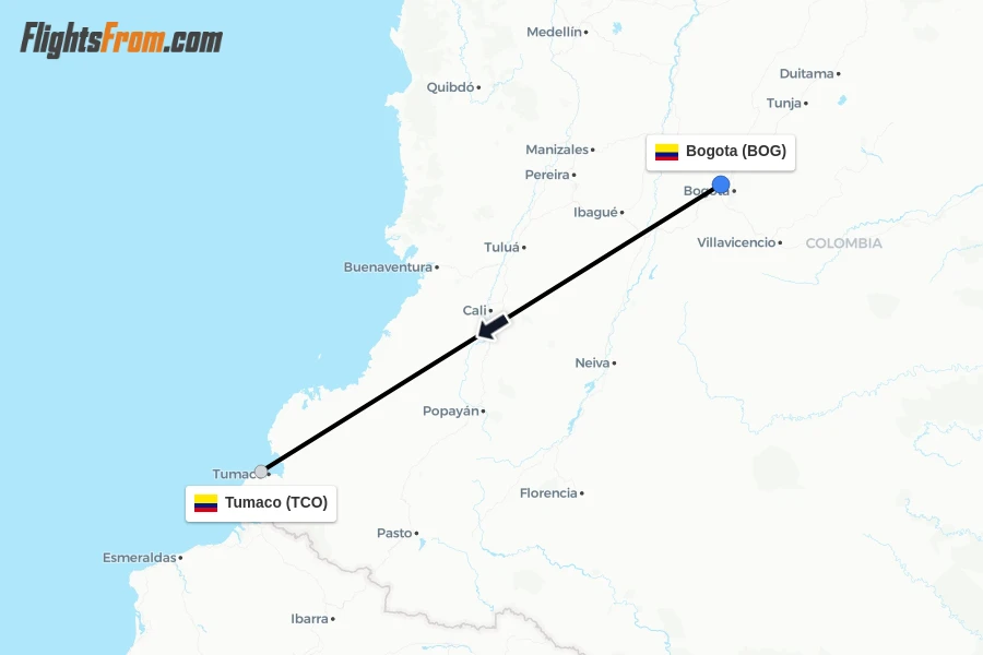 Flights from Bogota to Tumaco route map