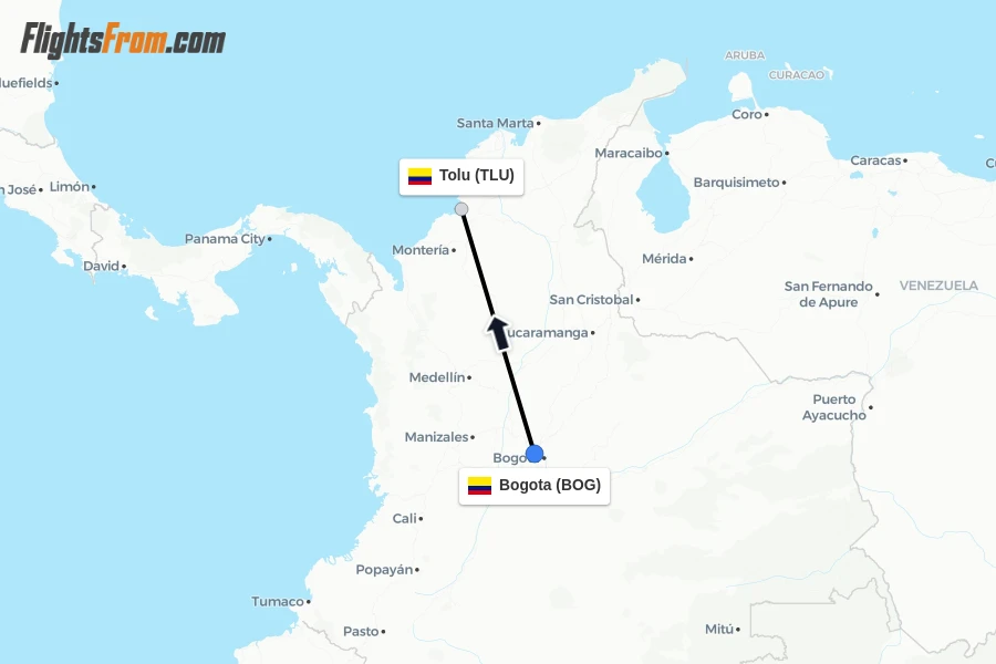Flights from Bogota to Tolu route map