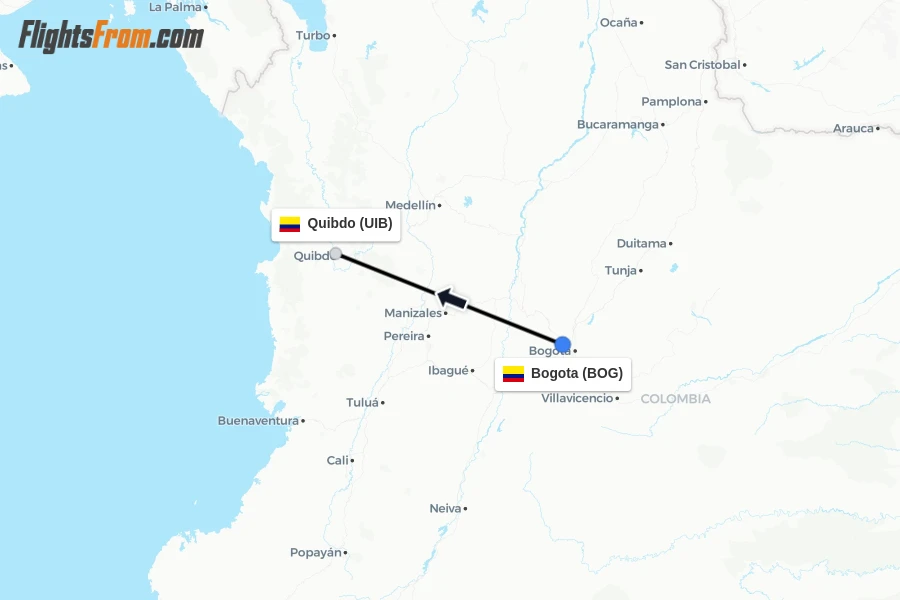 Flights from Bogota to Quibdo route map