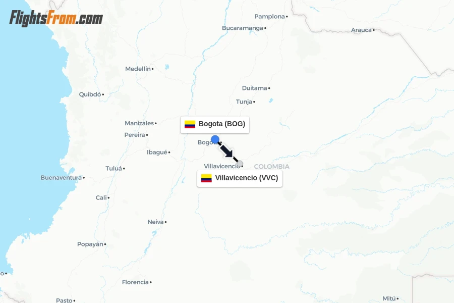 Flights from Bogota to Villavicencio route map