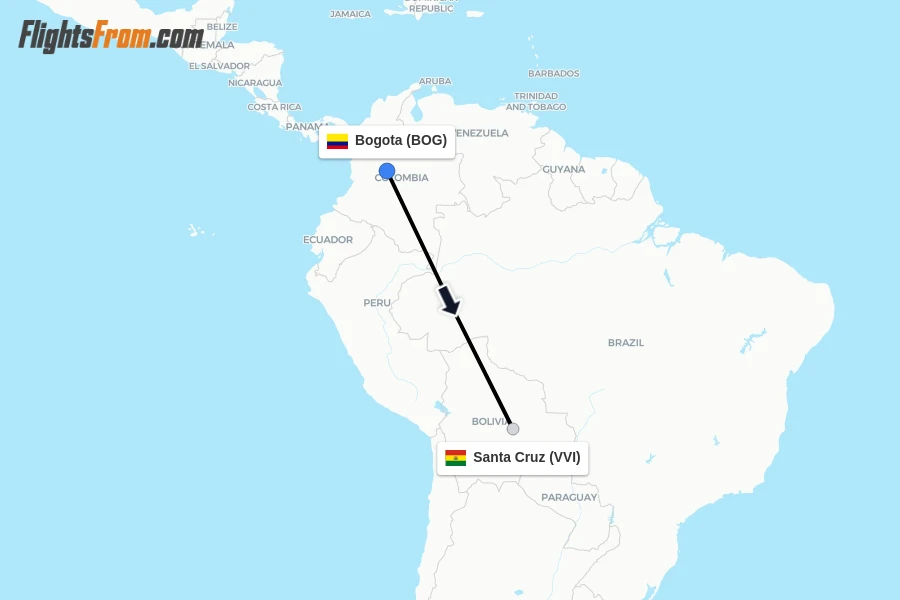 Flights from Bogota to Santa Cruz route map