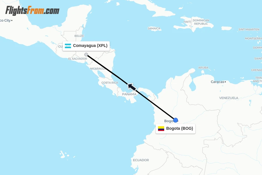 Flights from Bogota to Comayagua route map