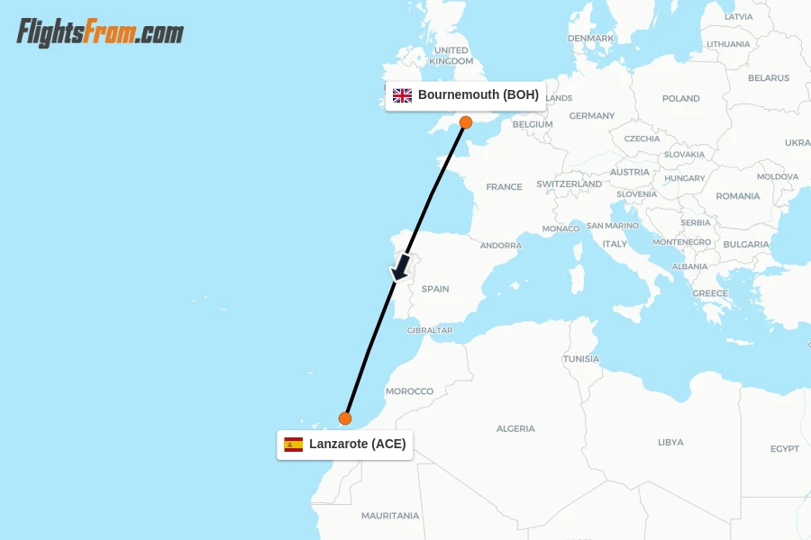 Flights from Bournemouth to Lanzarote route map