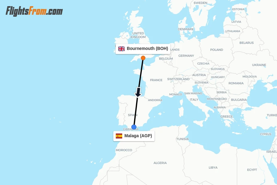 Flights from Bournemouth to Malaga route map