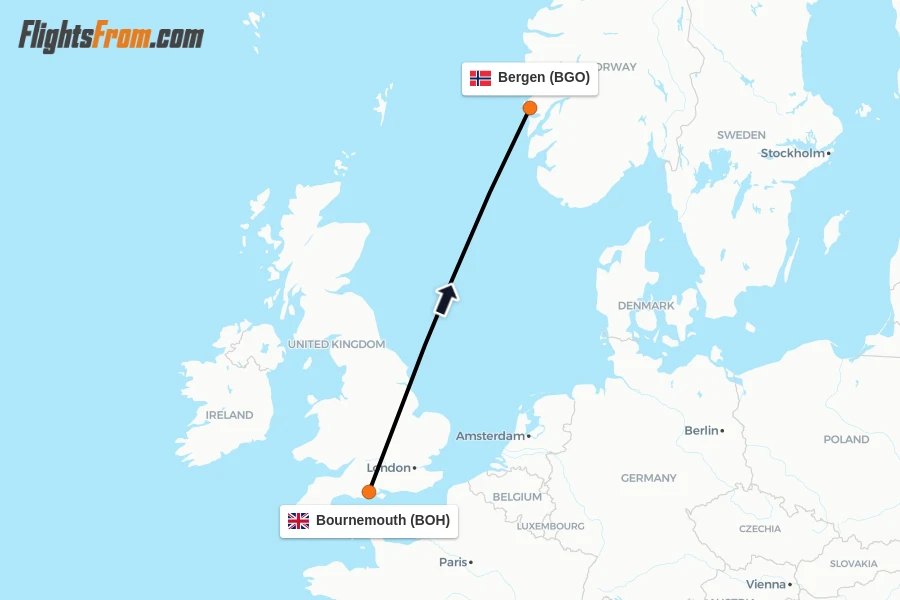 Flights from Bournemouth to Bergen route map
