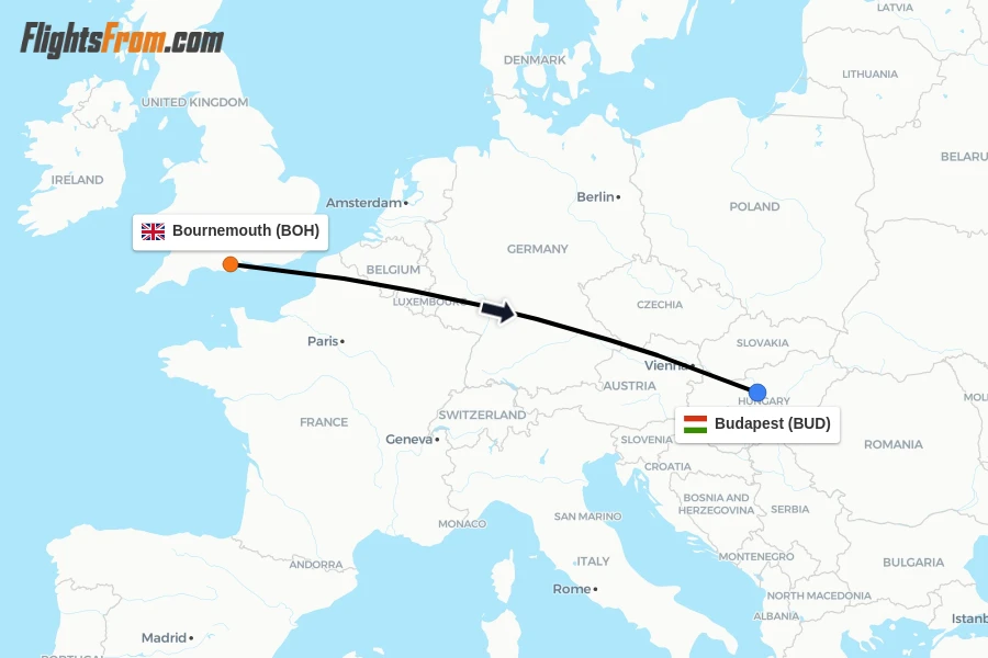 Flights from Bournemouth to Budapest route map