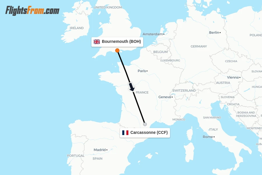 Flights from Bournemouth to Carcassonne route map