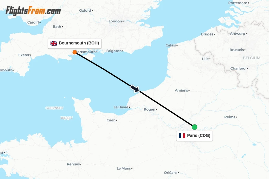 Flights from Bournemouth to Paris route map