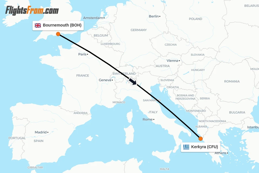 Flights from Bournemouth to Kerkyra route map