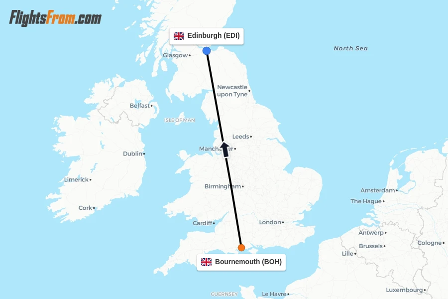 Flights from Bournemouth to Edinburgh route map