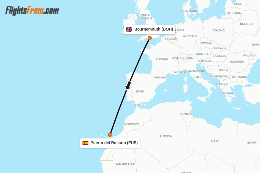 Flights from Bournemouth to Puerto del Rosario route map