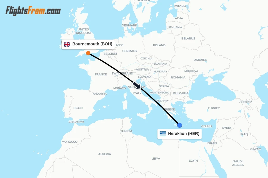 Flights from Bournemouth to Heraklion route map