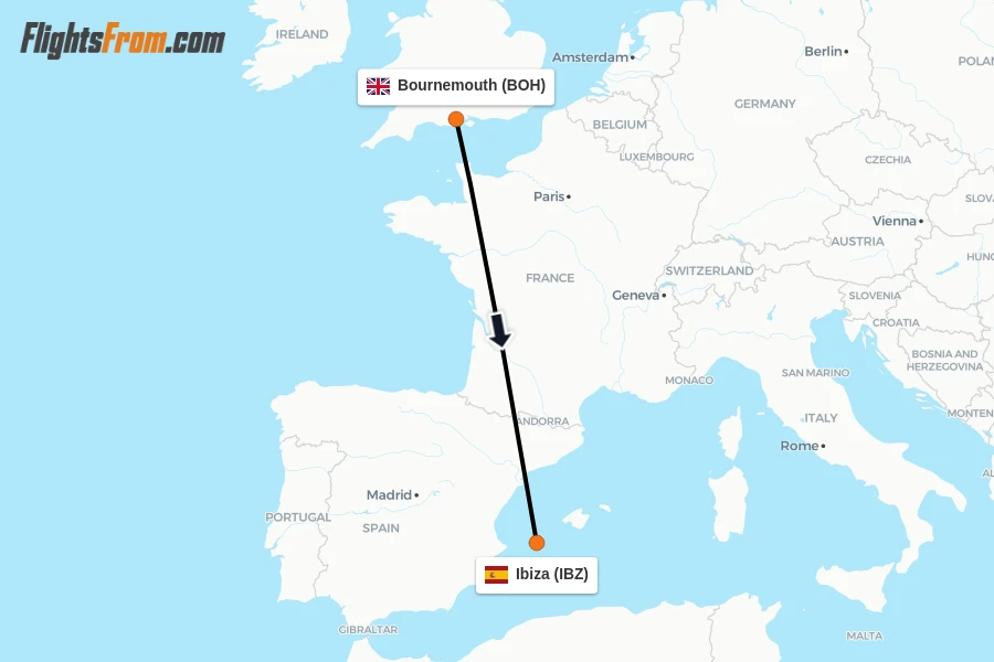 Flights from Bournemouth to Ibiza route map