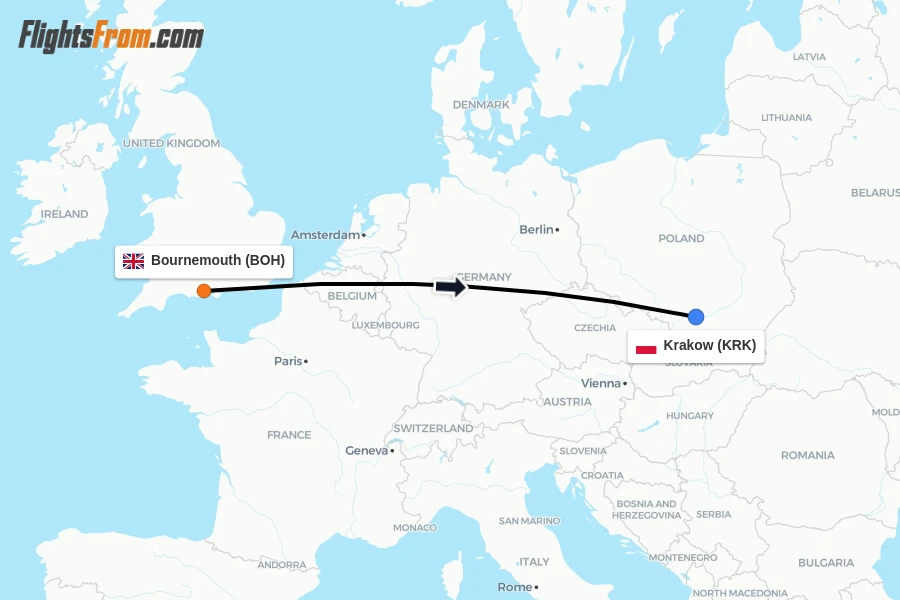 Flights from Bournemouth to Krakow route map