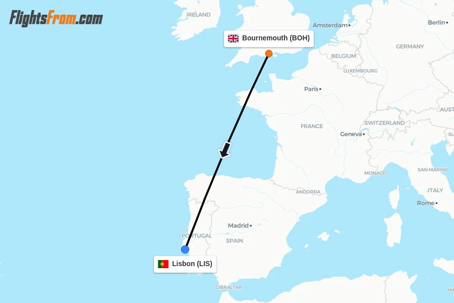 Flights from Bournemouth to Lisbon route map
