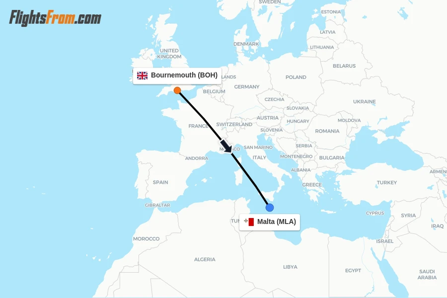 Flights from Bournemouth to Malta route map