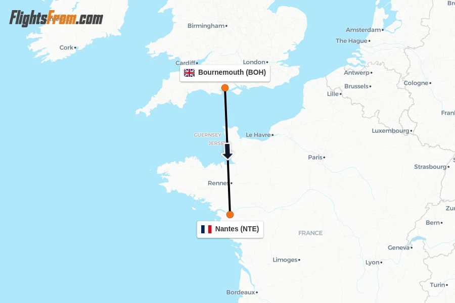 Flights from Bournemouth to Nantes route map