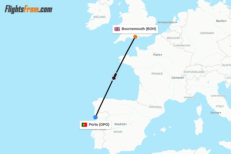 Flights from Bournemouth to Porto route map