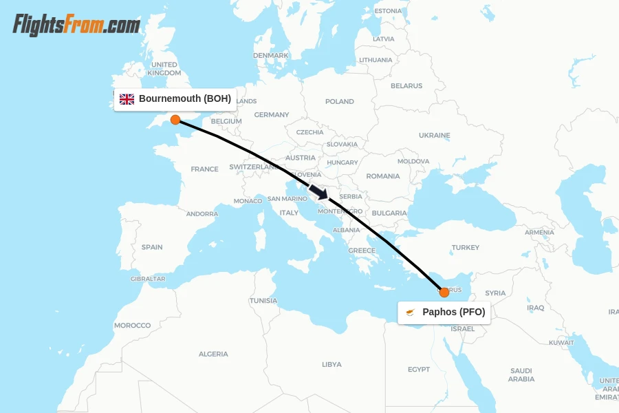 Flights from Bournemouth to Paphos route map