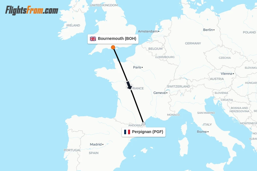 Flights from Bournemouth to Perpignan route map