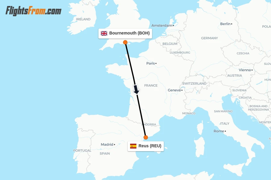 Flights from Bournemouth to Reus route map