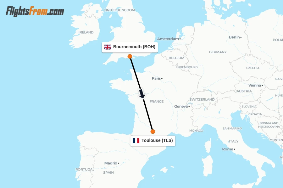 Flights from Bournemouth to Toulouse route map