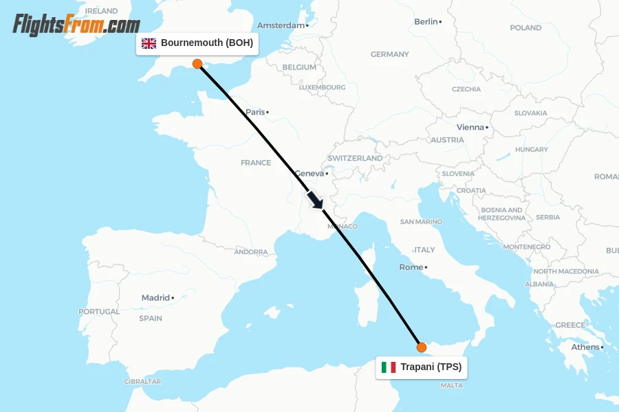 Flights from Bournemouth to Trapani route map