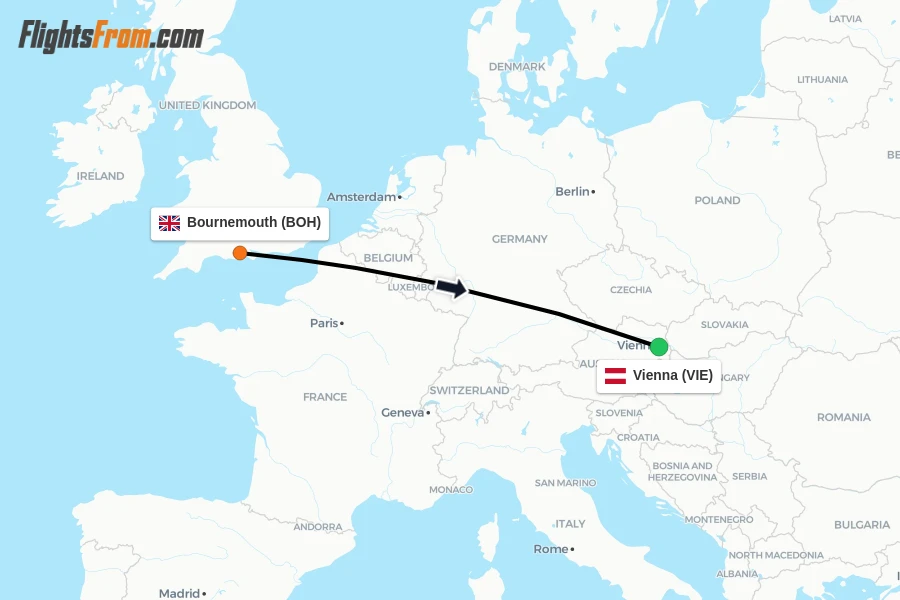 Flights from Bournemouth to Vienna route map