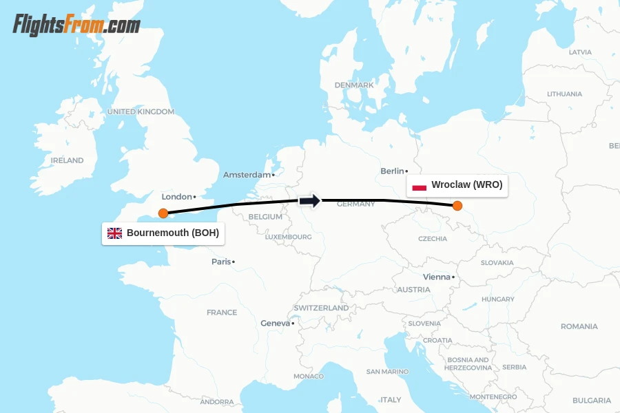 Flights from Bournemouth to Wroclaw route map