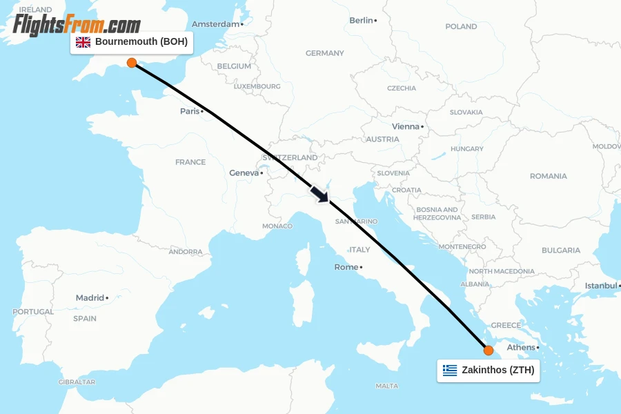 Flights from Bournemouth to Zakinthos route map