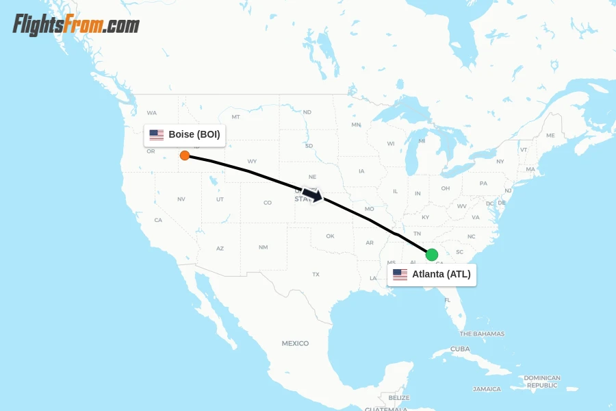 Flights from Boise to Atlanta route map
