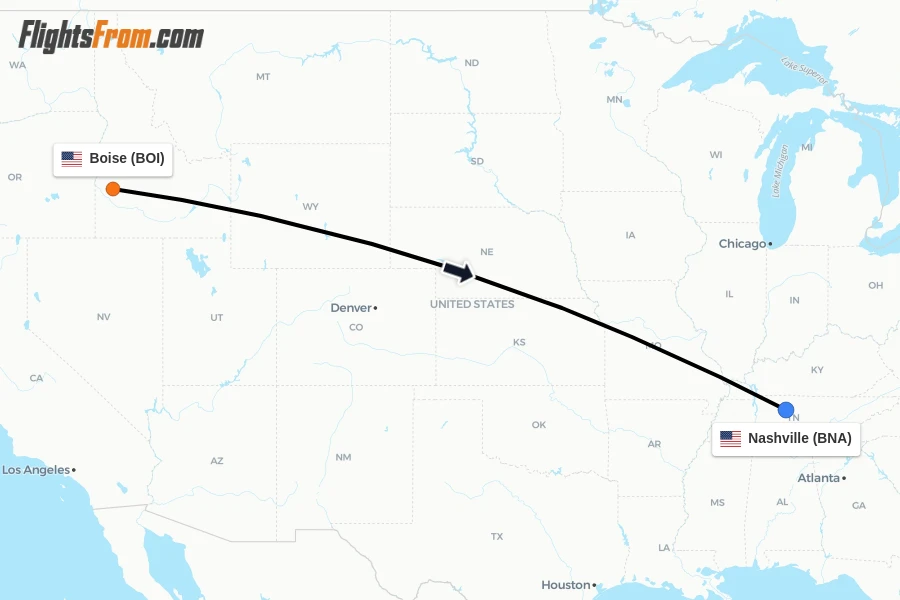Flights from Boise to Nashville route map