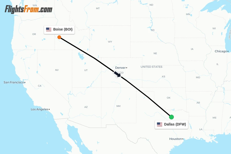 Flights from Boise to Dallas route map