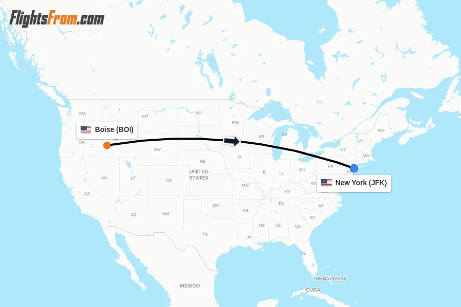 Flights from Boise to New York route map