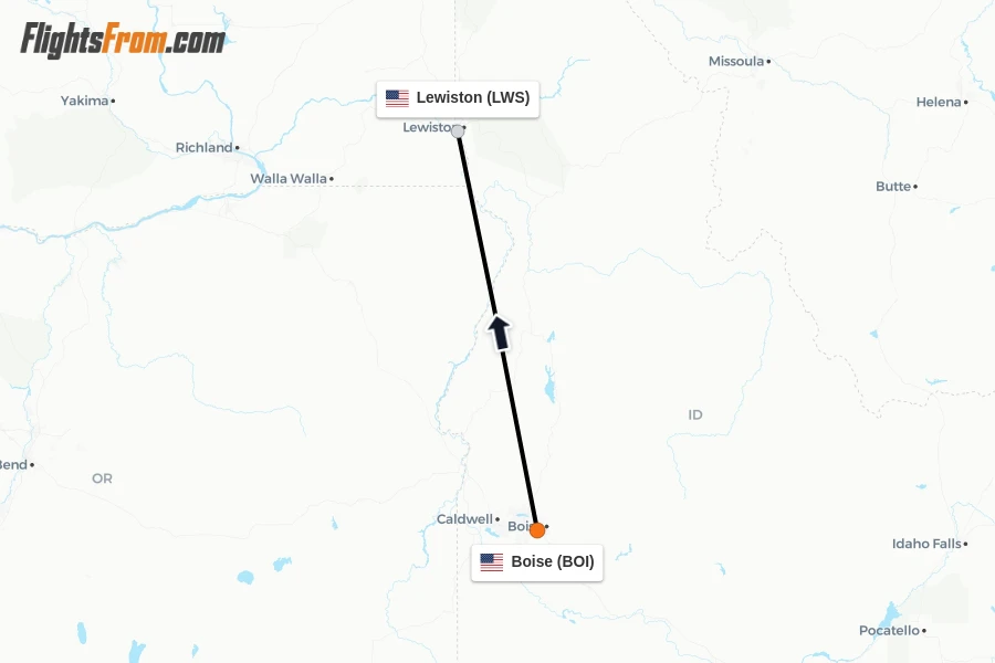 Flights from Boise to Lewiston route map