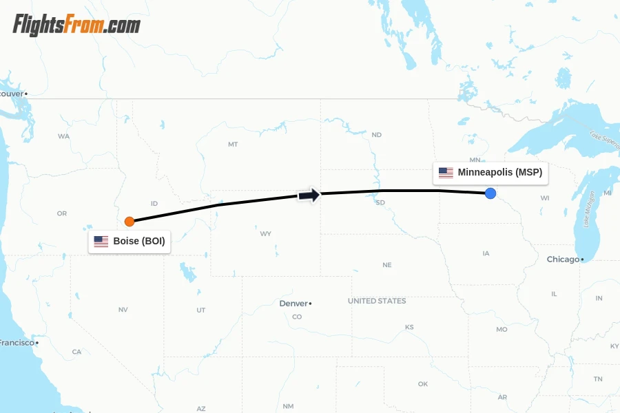 Flights from Boise to Minneapolis route map