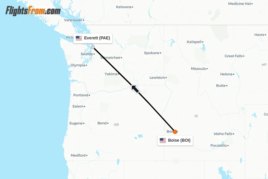 Flights from Boise to Everett route map